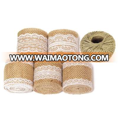 5cm X 10M Natural Jute Burlap Lace Ribbon Roll With White For Christmas Wedding Decoration